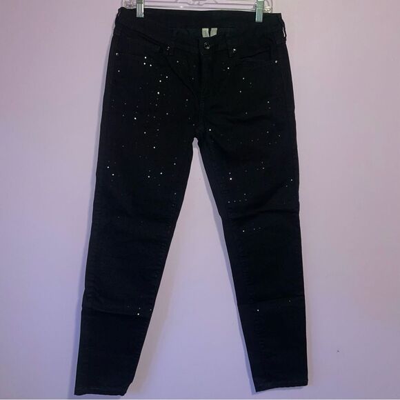 Mango SKinny Jeans Size 10 Black w Black Sequin - Picture 1 of 10